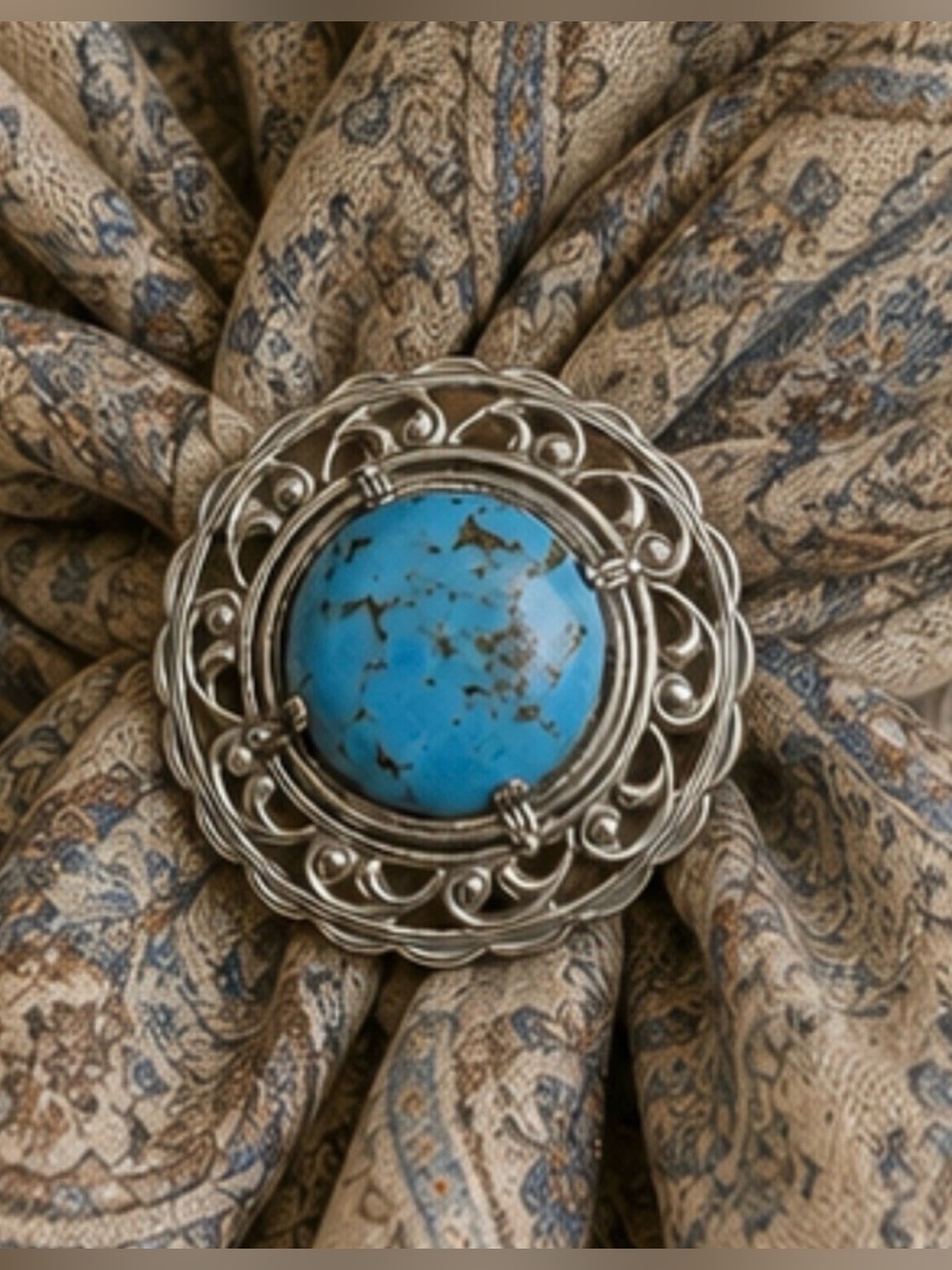 Brooch Genuine Turquoise & 925 Sterling Silver Vintage Art Nouveau Pin